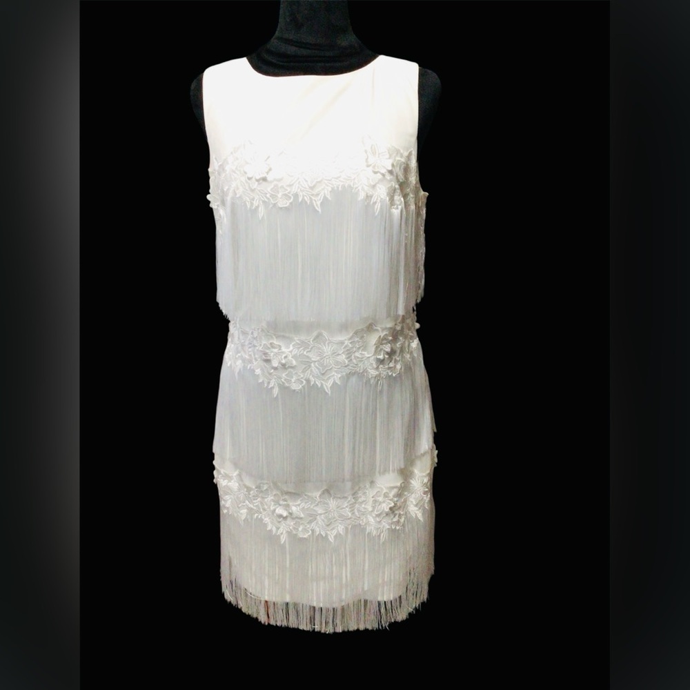 Badgley Mischka White Floral Fringe Mini Dress